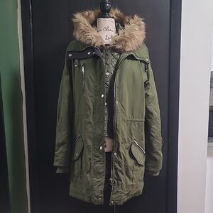 Time and Tru Green Utility Jacket with Faux Fur Hood